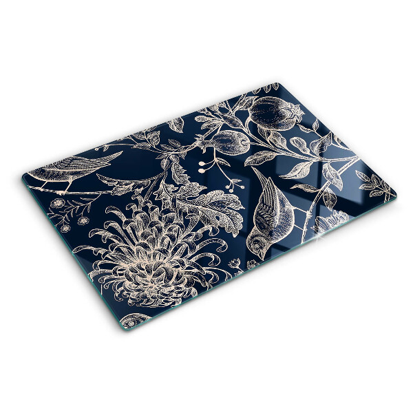 Planche à découper verre Fleurs et oiseaux sur fond sombre