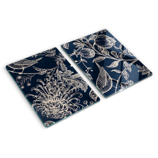 Planche à découper verre Fleurs et oiseaux sur fond sombre