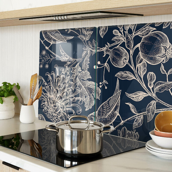 Planche à découper verre Fleurs et oiseaux sur fond sombre