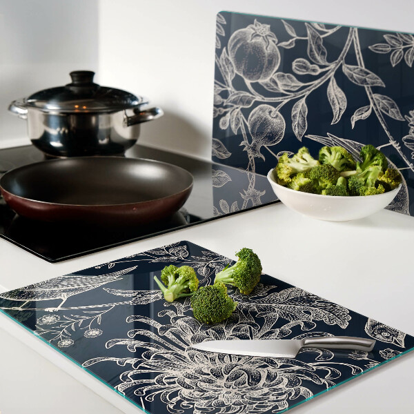 Planche à découper verre Fleurs et oiseaux sur fond sombre
