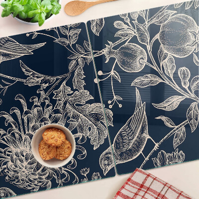 Planche à découper verre Fleurs et oiseaux sur fond sombre