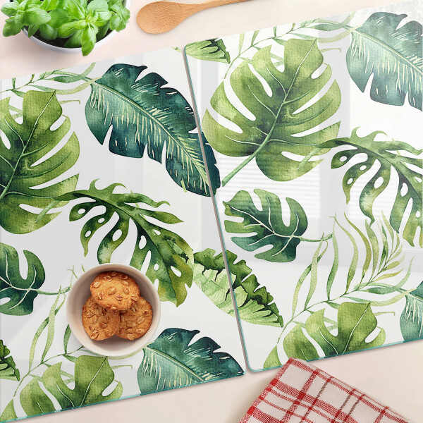 Planche à découper en verre Feuilles de Monstera dans des tons de vert