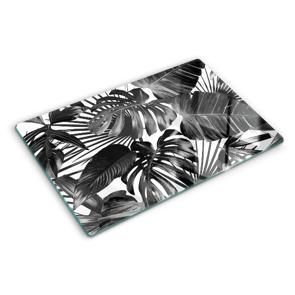 Planche à découper verre Feuilles tropicales en noir et blanc