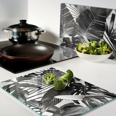 Planche à découper verre Feuilles tropicales en noir et blanc