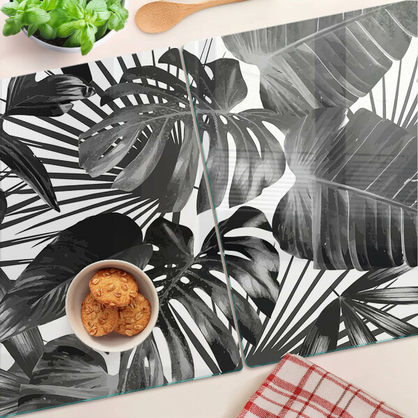 Planche à découper verre Feuilles tropicales en noir et blanc