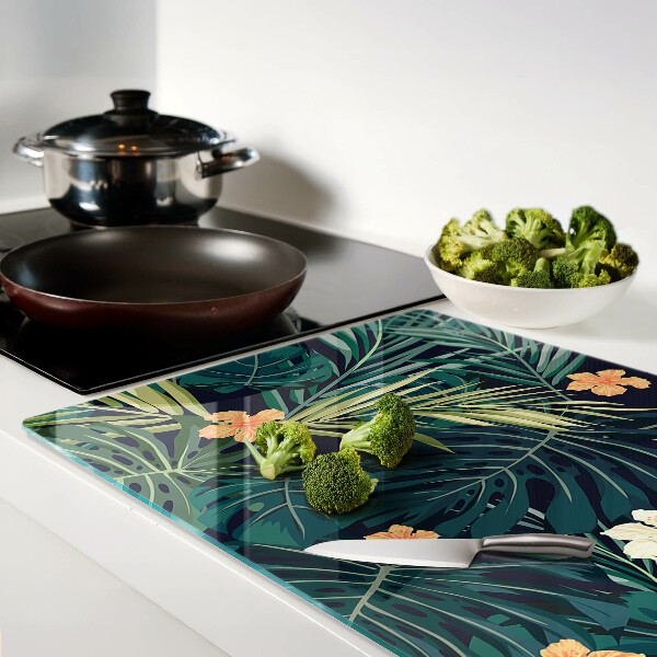 Planche à découper en verre Motif tropical avec des feuilles et des fleurs