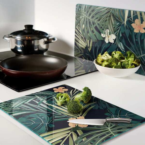 Planche à découper en verre Motif tropical avec des feuilles et des fleurs