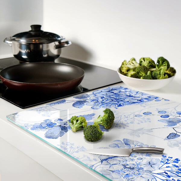 Planche à découper en verre Fleurs aux tons bleus