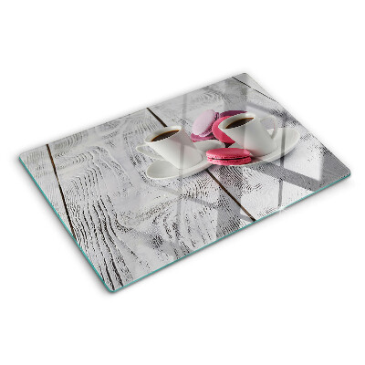 Planche à découper verre Café et macarons sur fond de bois
