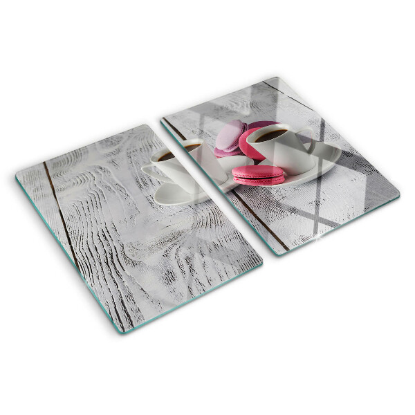Planche à découper verre Café et macarons sur fond de bois