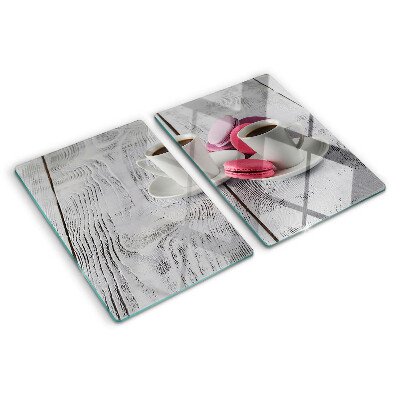 Planche à découper verre Café et macarons sur fond de bois