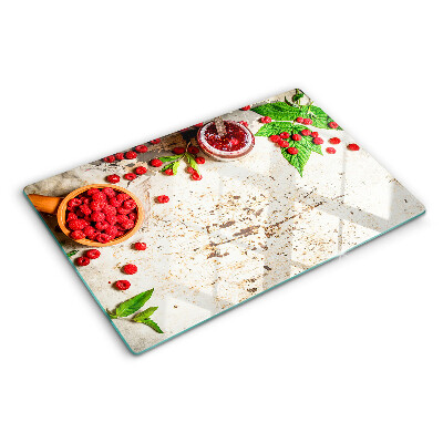 Planche à découper verre Framboises et feuilles