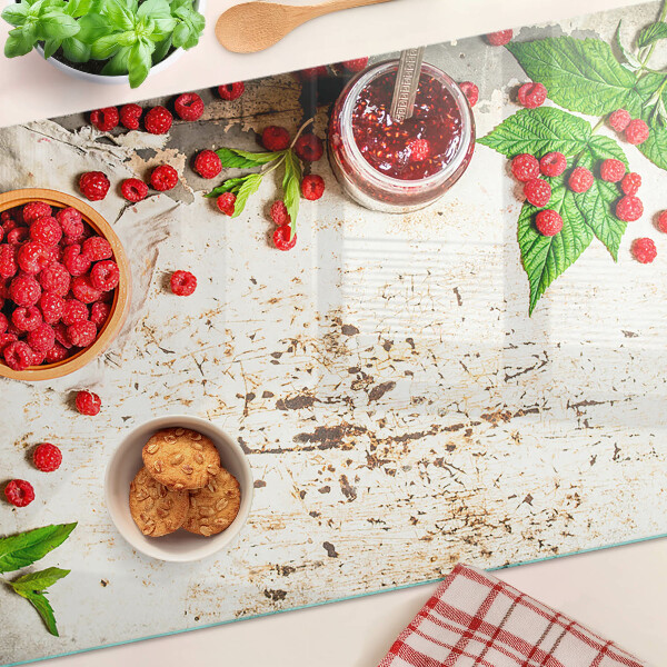 Planche à découper verre Framboises et feuilles