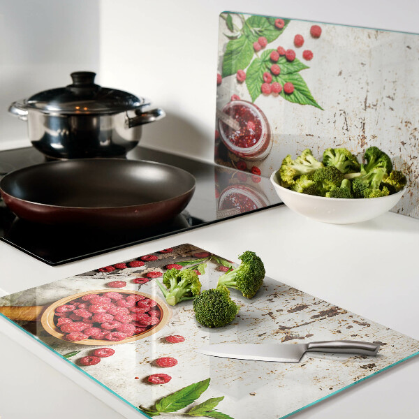 Planche à découper verre Framboises et feuilles