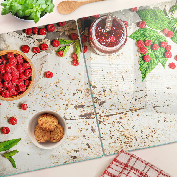 Planche à découper verre Framboises et feuilles