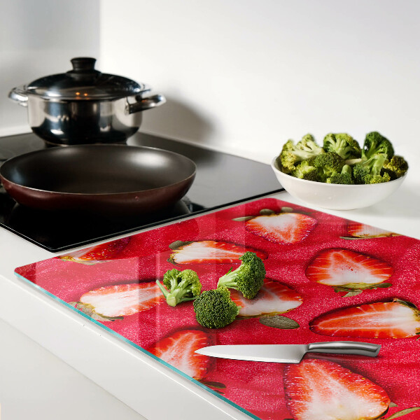 Planche à découper en verre Fraises sur fond rose
