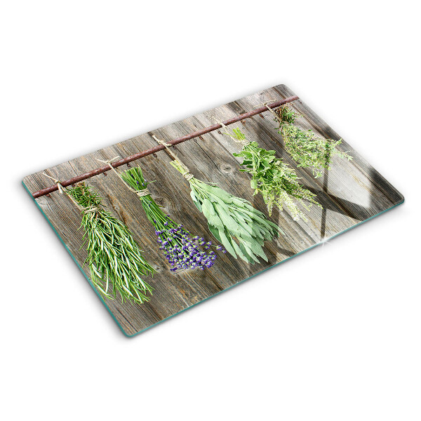 Planche à découper verre Herbes sur fond de bois