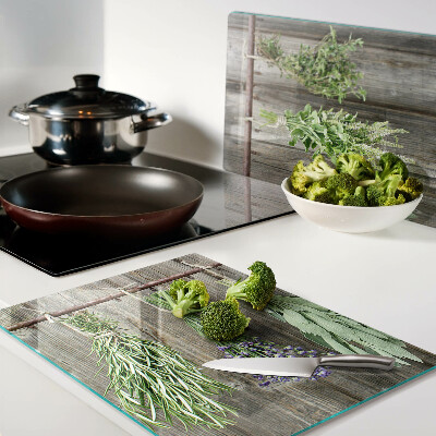 Planche à découper verre Herbes sur fond de bois