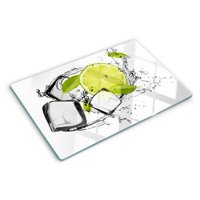 Planche à découper verre Citron avec glace et feuilles