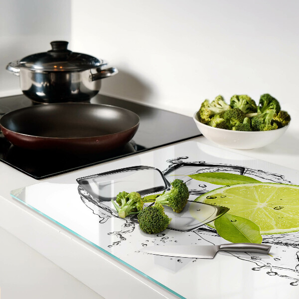 Planche à découper verre Citron avec glace et feuilles