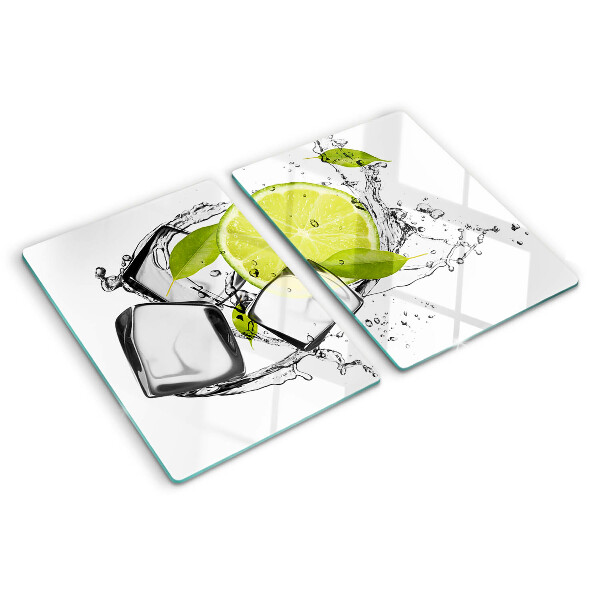 Planche à découper verre Citron avec glace et feuilles