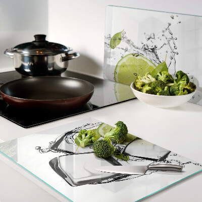 Planche à découper verre Citron avec glace et feuilles