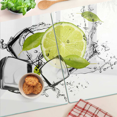 Planche à découper verre Citron avec glace et feuilles