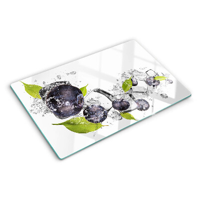 Planche à découper en verre Prunes dans l'eau avec des feuilles