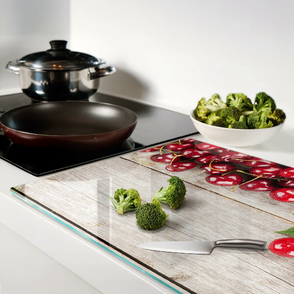 Planche à découper verre Cerises sur fond de bois