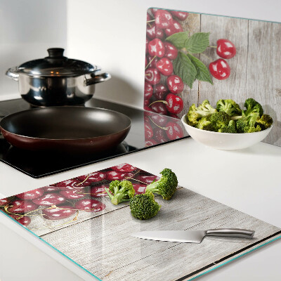 Planche à découper verre Cerises sur fond de bois