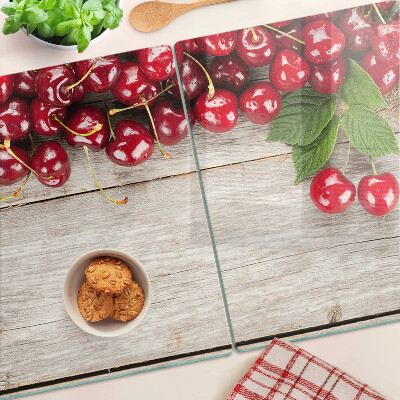 Planche à découper verre Cerises sur fond de bois