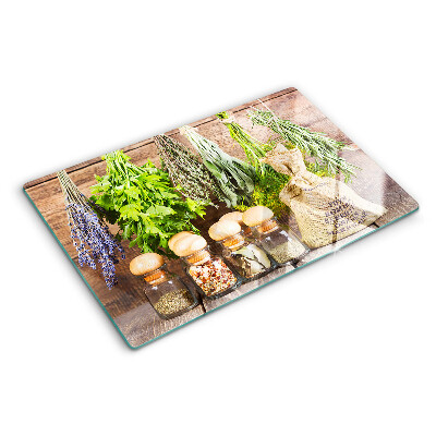 Planche à découper en verre Herbes et épices sur fond de bois