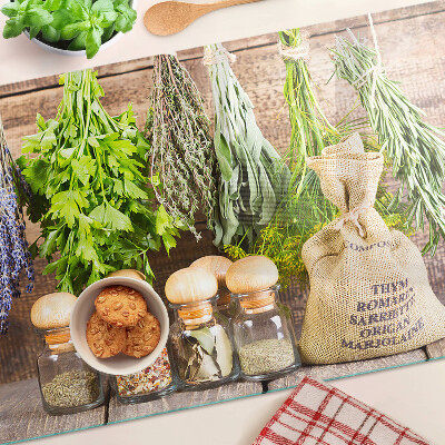 Planche à découper en verre Herbes et épices sur fond de bois