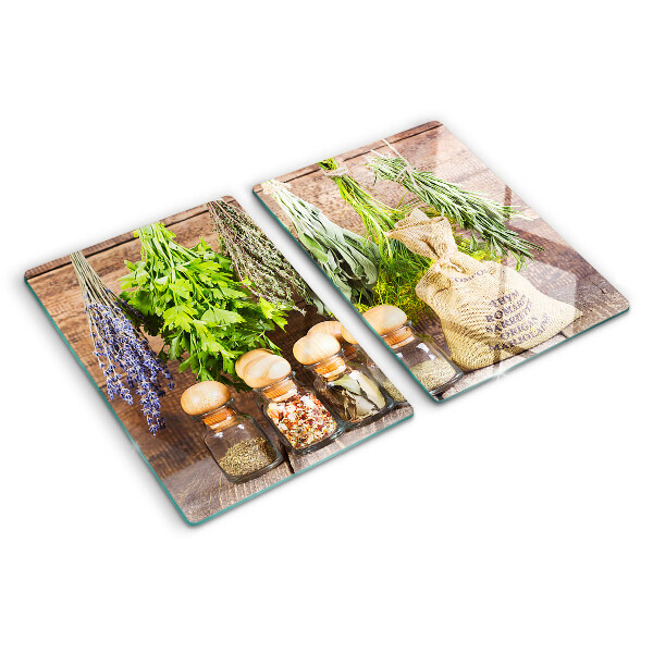 Planche à découper en verre Herbes et épices sur fond de bois