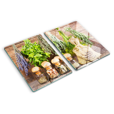 Planche à découper en verre Herbes et épices sur fond de bois