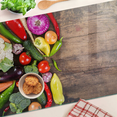 Planche à découper verre Légumes sur fond de bois