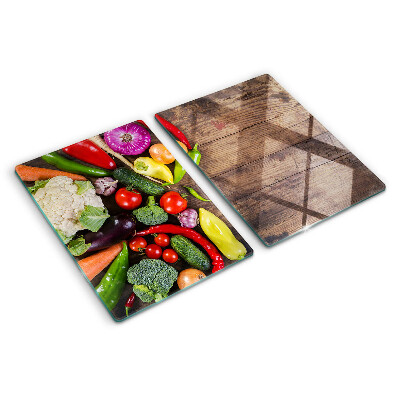Planche à découper verre Légumes sur fond de bois