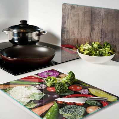 Planche à découper verre Légumes sur fond de bois