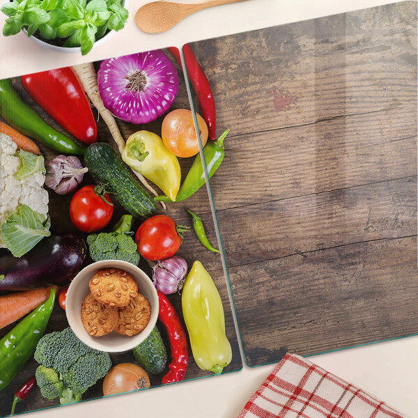 Planche à découper verre Légumes sur fond de bois