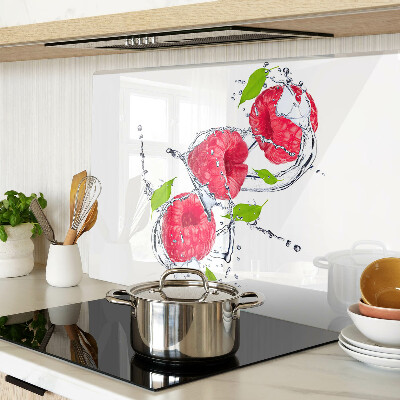 Planche à découper en verre Framboises dans l'eau avec des feuilles