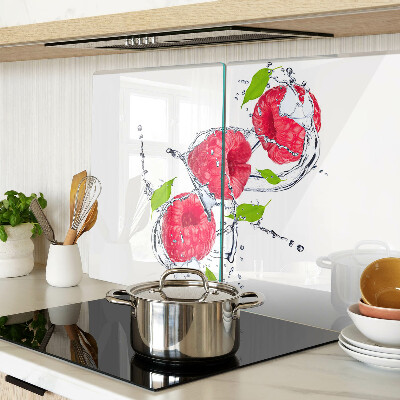 Planche à découper en verre Framboises dans l'eau avec des feuilles