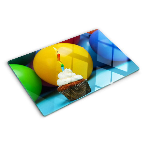 Planche à découper en verre Cupcake d'anniversaire avec des ballons