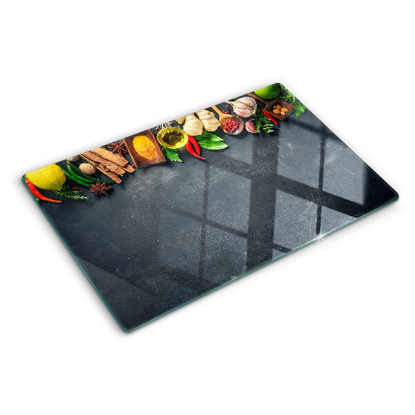 Planche à découper en verre Épices et ingrédients de cuisine