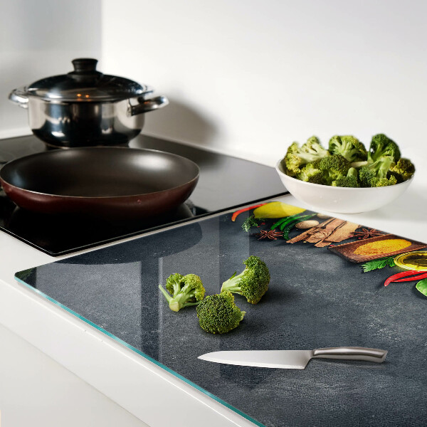 Planche à découper en verre Épices et ingrédients de cuisine