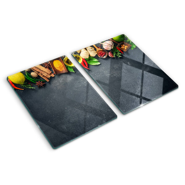 Planche à découper en verre Épices et ingrédients de cuisine