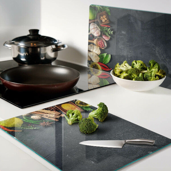 Planche à découper en verre Épices et ingrédients de cuisine