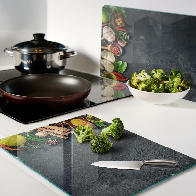 Planche à découper en verre Épices et ingrédients de cuisine
