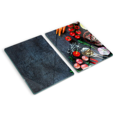 Planche à découper verre Légumes et épices sur fond sombre