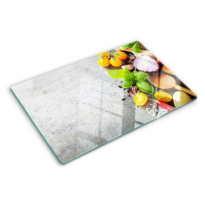 Planche à découper verre Ingrédients de cuisine et herbes