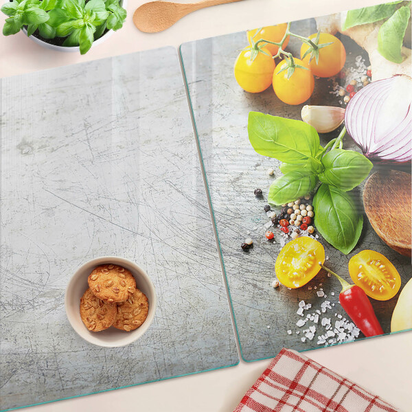 Planche à découper verre Ingrédients de cuisine et herbes